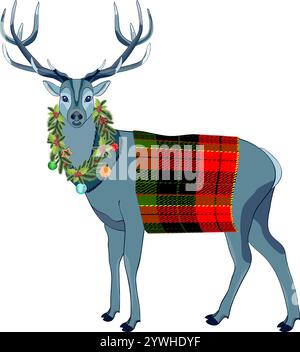 Weihnachtshirsch mit Kranz am Hals. Tannenkranz mit Silvesterkugeln, Süßigkeiten, Lebkuchen. Vektorabbildung Stock Vektor