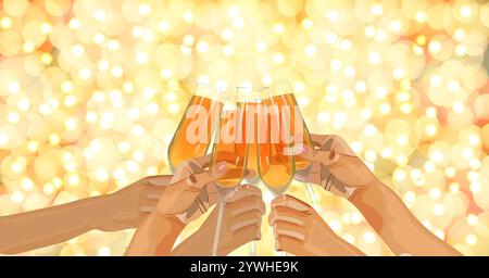 Weihnachts- und Neujahrsvorlage mit Menschenhänden und Gläsern mit Champagner. Goldener Bokeh-Hintergrund. Vektorabbildung. Stock Vektor