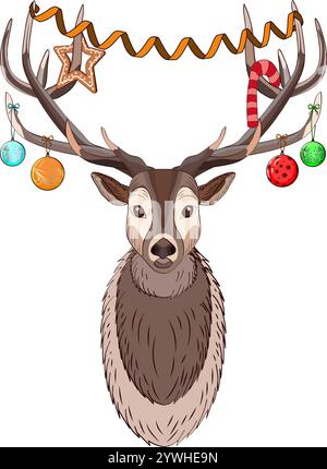 Hirschkopf mit Weihnachtskugeln, cremigen Süßigkeiten und Lebkuchen in Sternform. Vektorabbildung Stock Vektor