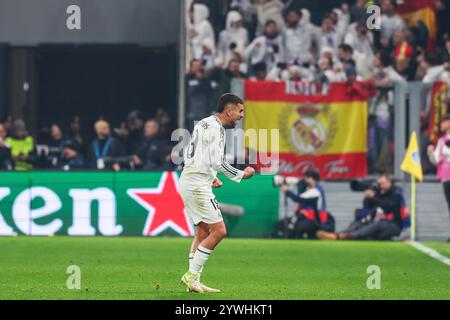 Bergamo, Italien. Dezember 2024. Dani Ceballos von Real Madrid CF feiert während der UEFA Champions League 2024/25 - Matchday 6 Fußballspiel zwischen Atalanta BC und Real Madrid CF im Gewiss Stadium Credit: dpa/Alamy Live News Stockfoto