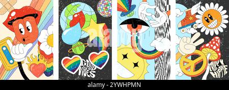 Psychedelische Hippie-Poster-Kollektion mit Retro-Tapeten. Groovige, von den 60er und 70er inspirierte Muster mit lebendiger abstrakter Kunst und Vintage-Dekorationsdesigns Stock Vektor