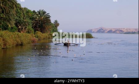 Fischer im Ruderboot auf dem Nil, Fischen am Ufer in Ägypten Stockfoto