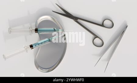 3D-Rendering von sterilen medizinischen Tabletts aus Edelstahl, Spritzen, Scheren und Pinzetten. Stockfoto