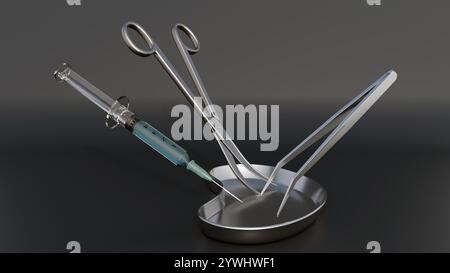 3D-Rendering von sterilen medizinischen Tabletts aus Edelstahl, Spritzen, Scheren und Pinzetten. Stockfoto