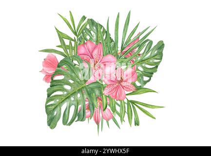 Illustration tropisch-grüne Blätter und rosa Blumen. Palmen- und Monstera-Laub mit Alstroemeria-Blüte. Dichter Dschungel. Komposition für Text Stockfoto