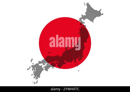 Gepunktete japanische Silhouette vor der Nationalflagge. Silhouette Japans, erzeugt aus radial verteilten schwarzen Punkten. Stockfoto