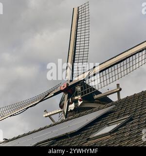 Eine niederländische Windmühle kombiniert mit Solarpaneelen auf einem Ziegeldach, die die lange Tradition erneuerbarer Energien und Nachhaltigkeit symbolisieren. Stockfoto