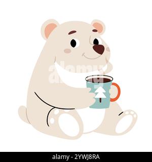 Weißer Eisbär mit einer Tasse Kaffee Tee oder Kakao. Weihnachtsgrußkarte, Einladungskarte, Postkarte, Poster oder Banner. Stock Vektor