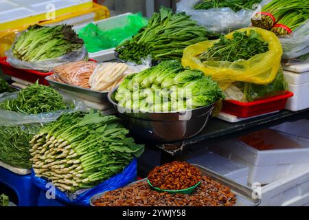 Koreanisches Essen auf dem traditionellen Gwangjang Markt im Bezirk Jongno in Seoul, Südkorea. Grüne Blattgemüse. Stockfoto