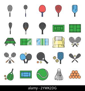 Farbsymbole für die Tennislinie. Schilder für Webseite, mobile App, Schaltfläche, Logo. Schaltfläche Vektorisoliert. Bearbeitbare Kontur. Stock Vektor