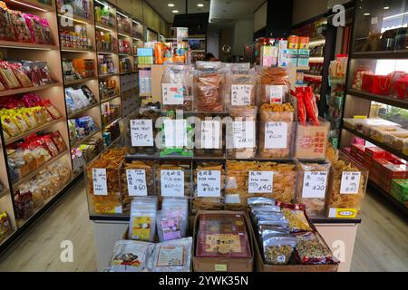 SINGAPUR CITY, SINGAPUR - 11. MÄRZ 2024: Fischmahl, getrocknetes Krokodilfleisch und Mönchsohn in einem chinesischen Medizingeschäft in Singapur City. Stockfoto
