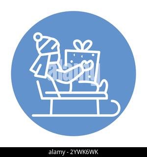 Junge auf einem Schlitten mit einer Geschenkfarbe. Vektorabbildung. Bearbeitbare Kontur. Stock Vektor