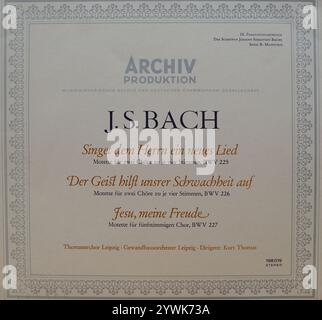 Plattencover aus Vintage-Vinyl. Musikhistorisches Studio der Deutschen Grammophon-Gesellschaft, Johann Sebastian Bach, Reihe B: Mottes, Thomanerchor Leipzig, Gewandhausorchester Leipzig, Dirigent Kurt Thomas, aufgenommen 1965 Stockfoto
