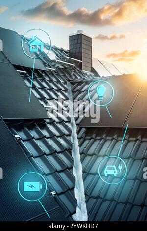 Modernes Smart Home Dach mit Technologiekonsolen und Solarmodulen Stockfoto