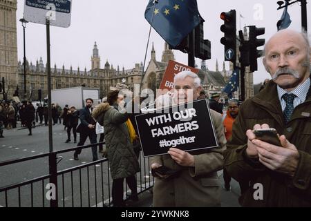 Organisiert von No Farmers No Food and Save British Farming, beginnt die Demonstration mit Tiefladern auf Millbank und Traktoren auf Whitehall. Die Demonstranten fordern von der Regierung, Pläne für ein Freihandelsabkommen zwischen Großbritannien und den USA aufzugeben, ein EU-Veterinärabkommen zu schließen, um Handelshemmnisse abzubauen, und die Erbschaftssteuer auf landwirtschaftliche Betriebe abzulehnen. Die Rallye lehnt auch den schnellen Rückzug der Grundzahlungen und der CO2-Steuern auf Düngemittel ab. Die Veranstaltung umfasst Vorträge und eine Traktorprozession durch das Zentrum Londons. (Foto: Joao Daniel Pereira/SIPA USA) Stockfoto