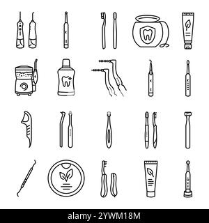 Dentalhygienelinie schwarze Icons gesetzt. Schilder für Webseite, mobile App, Schaltfläche, Logo. Schaltfläche Vektorisoliert. Bearbeitbare Kontur. Stock Vektor