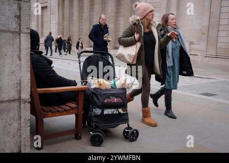 Haustiere in einem Kinderwagen gegenüber der Bank of England in der City of London, dem Finanzviertel der Hauptstadt, am 11. Dezember 2024 in London, England. Stockfoto