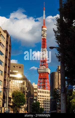 Blick auf den ikonischen Tokyo Tower von der Gaien Higashi Street in Minato Ward Stockfoto