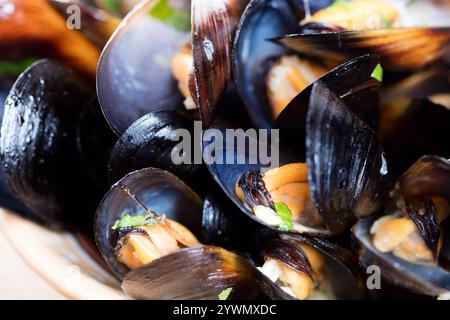 Gekochte Muscheln in Schüssel auf hölzernem Hintergrund aus nächster Nähe Stockfoto