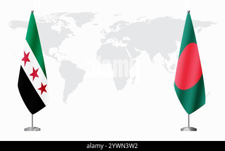 Syrische Revolution und Bangladesch Flaggen für offizielles Treffen vor dem Hintergrund der Weltkarte. Stock Vektor