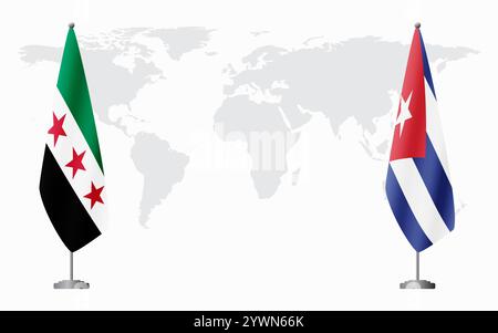 Syrische Revolution und Kuba Flaggen für offizielles Treffen vor dem Hintergrund der Weltkarte. Stock Vektor