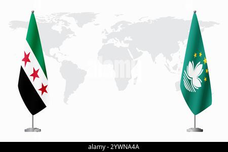 Syrische Revolution und Macau Flaggen für offizielle Treffen vor dem Hintergrund der Weltkarte. Stock Vektor