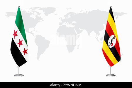 Syrische Revolution und Uganda Flaggen für offizielles Treffen vor dem Hintergrund der Weltkarte. Stock Vektor