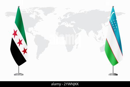 Syrische Revolution und Usbekistan Flaggen für offizielles Treffen vor dem Hintergrund der Weltkarte. Stock Vektor