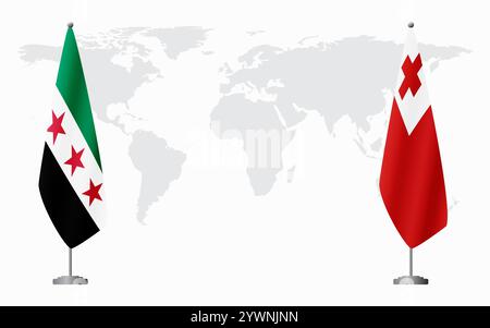 Syrische Revolution und Tonga Flaggen für offizielle Treffen vor dem Hintergrund der Weltkarte. Stock Vektor