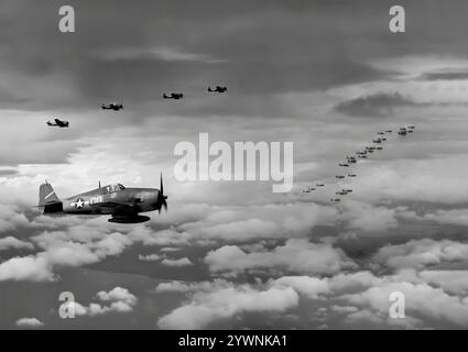 Grumman F6F Hellcats auf dem Weg zur Marcus Island im Zentralpazifik. Das amerikanische Trägerflugzeug des Zweiten Weltkriegs feierte sein Kampfdebüt im September 1943 und etablierte sich anschließend als robuster, gut konstruierter Trägerflugzeug. In der zweiten Hälfte des Pazifikkrieges wurde sie zum dominierenden Jagdflugzeug der United States Navy. Insgesamt wurden 12.275 in etwas mehr als zwei Jahren gebaut und Hellcats wurde zugeschrieben, insgesamt 5.223 feindliche Flugzeuge zu zerstören, während sie bei der U.S. Navy, dem U.S. Marine Corps und der Royal Navy Fleet Air Arm (FAA) im Einsatz waren. Stockfoto