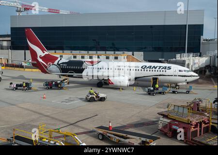 02.11.2024, Melbourne, Victoria, Australien - ein Boeing 737-800 Passagierflugzeug der australischen Fluggesellschaft Qantas Airways mit der Registrierung VH-XZJ und der Mendoowoorrji Sonderlackierung parkt auf dem Vorfeld des internationalen Flughafens Melbourne Tullamarine. Qantas ist Mitglied der oneworld Airline-Allianz. *** 02 11 2024, Melbourne, Victoria, Australien Ein 737 800 Passagierflugzeug der australischen Fluggesellschaft Qantas Airways mit der Registrierung VH XZJ und der Mendoowoorrji Sonderlackierung parkt auf dem Vorfeld des Melbourne Tullamarine International Airport Qantas is a ME Stockfoto