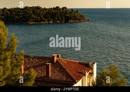 Blick auf die roten Ziegeldächer der Stadt mit dem Meer im Hintergrund Stockfoto