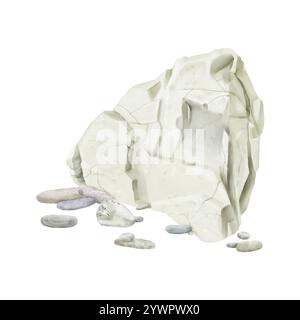 Graues Felsstück und kleine Steine in der Nähe. Digitale Illustration mit Aquarell. Felsblöcke und glatte Kopfsteinpflaster- oder Schutt-Fragmente isoliert Stockfoto