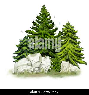 Flauschige Tannen in der Nähe eines Felsfragments und Steinblöcke auf einer Wiese. Digitale Illustration mit Aquarell. Runde Kies und kleine Büsche im Gras, IS Stockfoto