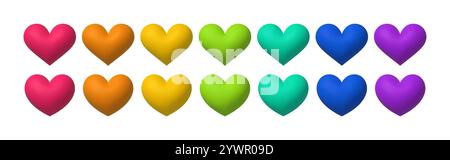 3D-Farbherz. Realistische Zeichentrickherzen in verschiedenen Farben. Glückwunsch zum Valentinstag und zum Muttertag lieben romantische Elemente. Vektorsatz. Stock Vektor
