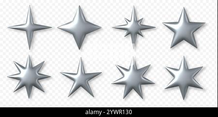 3D silberne Sterne. y2k Chromstern glänzende Formen. Festliche Weihnachten und Ramadan, futuristisch und himmlisch, Science-fiction-Glanz, Metall-Glitzer-Elemente. Vektor-isolierter Satz. Stock Vektor