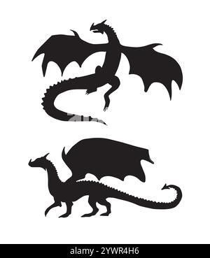 Vektorsatz von zwei schwarzen Drachen Silhouette isoliert auf weißem Hintergrund Stock Vektor
