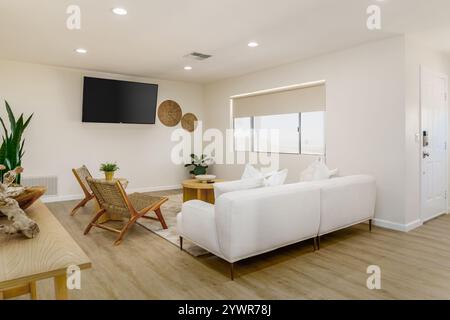 Modernes Wohnzimmer mit neutralen Farben, weißem Schlafsofa, hellem Holzfußboden, zwei gewebten Stühlen und Flachbildfernseher. Stockfoto