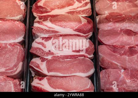 Verschiedene Fleischstücke im Lebensmittelgeschäft im Kühlkoffer. Stockfoto