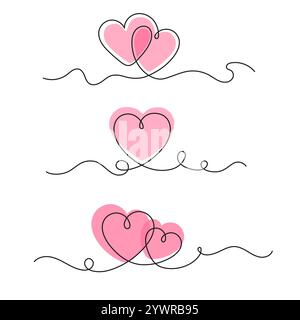 Zwei Herzen durchlaufen eine Linie. Rote Herzen im einzeiligen Skizzenstil, große Liebe und Valentinstag-Konzept für Liebhaber. Minimalistisches, lineares Herzdesign für Hochzeitskarten. Isolierter Vektorsatz. Stock Vektor