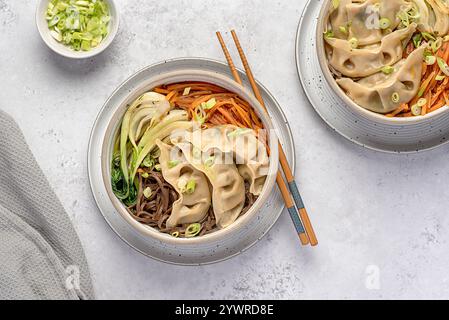 Lebensmittelfotografie von Suppen-Ramen mit Gemüsegyoza-Knödeln, Soba, Buchweizennudeln, Frühlingszwiebeln, Karotten, Bok Choy, Essstäbchen; veganes Essen, Chinesisch Stockfoto