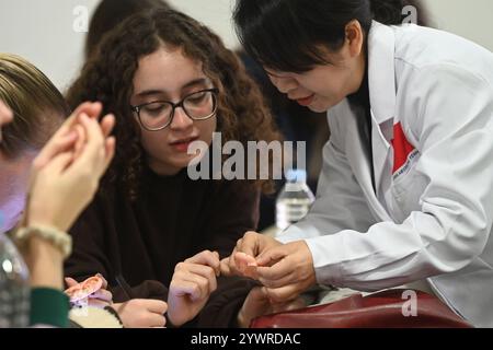 Msida, Malta. Dezember 2024. Tang Limei (R), ein Mitglied des 20. Chinesischen medizinischen Teams für Malta, erklärt den Studenten der Universität von Malta am 11. Dezember 2024 Ohrakupunkturpunkte. Maltesische Studenten haben diese Woche die traditionelle chinesische Medizin (TCM) und die chinesische Sprache in einem einzigartigen kulturellen Erlebnis entdeckt, das vom Konfuzius-Institut an der Universität Malta organisiert wird. Quelle: Jonathan Borg/Xinhua/Alamy Live News Stockfoto