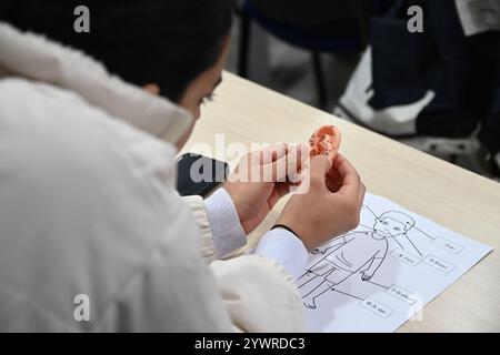 Msida, Malta. Dezember 2024. Ein Student betrachtet ein Modell der Ohrakupunktur an der Universität von Malta in Msida, Malta, am 11. Dezember 2024. Maltesische Studenten haben diese Woche die traditionelle chinesische Medizin (TCM) und die chinesische Sprache in einem einzigartigen kulturellen Erlebnis entdeckt, das vom Konfuzius-Institut an der Universität Malta organisiert wird. Quelle: Jonathan Borg/Xinhua/Alamy Live News Stockfoto