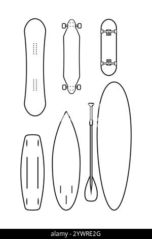Vektorbündel mit flachen schwarzen Umrissen verschiedener Platinen isoliert auf weißem Hintergrund. Surf-, Skate- und Snowboard-Set Stock Vektor