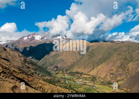 Urubamba Dorf in Peru, Lares Trek. Die Vegetation der Berge in Peru. Peruanische Trockenböden und Sukulenten, die in großer Höhe wachsen. Berge Anden Stockfoto