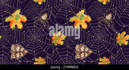 Schwarzes Spinnennetz mit Perlen, Spinne, Schmetterlingen und Ahornblättern Halloween Aquarellillustration. Arachniden der Ordnung Arthropoden. Muster auf a b Stockfoto