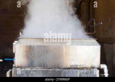 Nahaufnahme eines Ahornsirupfverdampfers Stockfoto