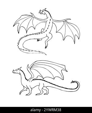 Vektorsatz von zwei Hand gezeichneten Kritzelskizzieren Drachen isoliert auf weißem Hintergrund Stock Vektor