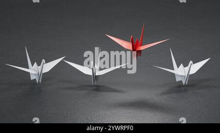 Roter Vogel schwimmt zwischen weißem Vogel Papierkran. 3D Illustration Vogelpapier Handwerk für Hiroshima Gedenktag Minimal Style Konzept.3D Rendering auf b Stockfoto