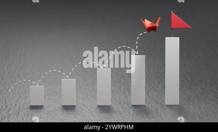 Papierschwan fliegt auf wachsendem Diagramm zu roter Flagge. Papierkunst Stil des Geschäftserfolgs kreative Konzeptidee. 3D-Rendering auf schwarzem Hintergrund. Stockfoto